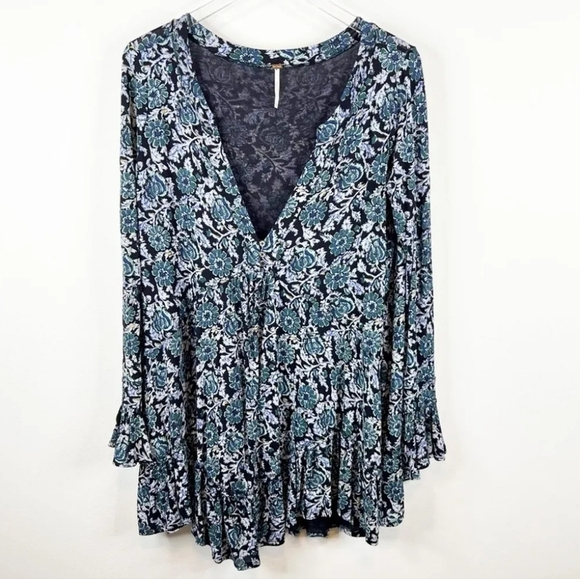 Free People Olivia Jersey Tunic Dress Blue Floral Plunging V-neck Ruffled Hem SM - Picture 2 of 15